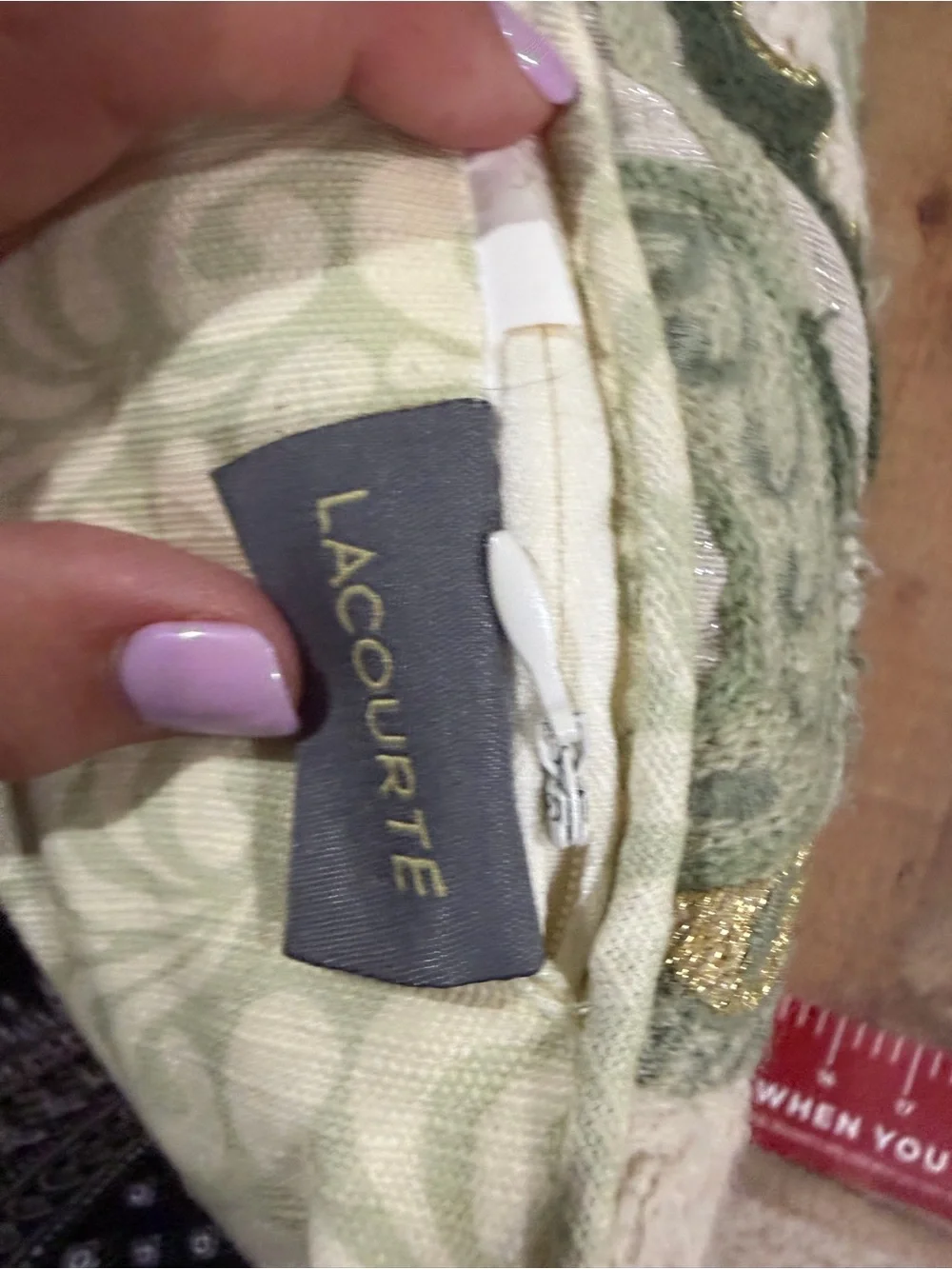 Embroidered Floral Lumbar Pillow by Lacourte- Sage Green on Cream 23”x15”